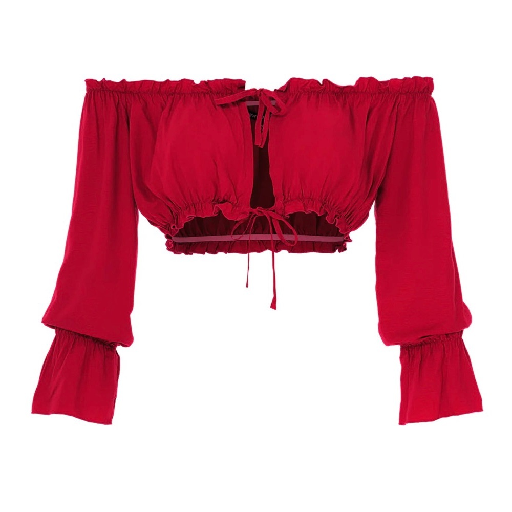 Red crop tie top with tassels and cuffed puffy sleeves